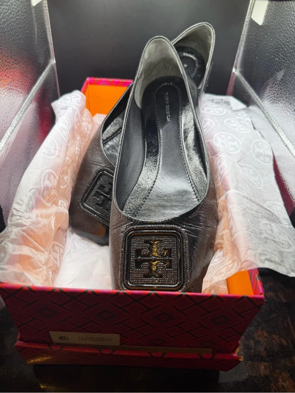 Tory Burch Black Leather Square-Toe Logo Flats